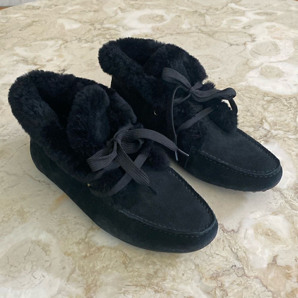 Tod’s Gommino Black Suede & Shearling Moccasin Ankle Booties
